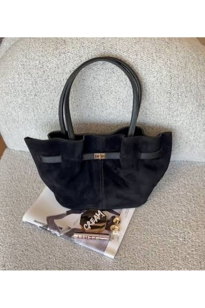 SHIKIRTI BAG STORE Süet Büzgülü Model Kilit Kapamalı Kadın El ve Omuz Çantası