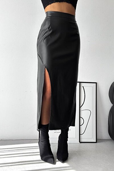 KAŞİHA تنورة جلدية طويلة بفتحة سوداء موسمية بخصر مطاطي 90 سم