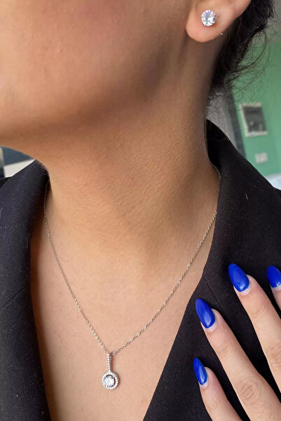 MODA Taş Detaylı Çelik Kolye Ve Küpe Set