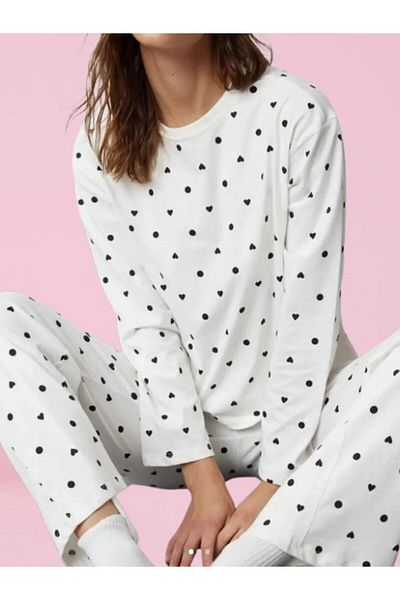 ikontarz Heart Patterned Long Sleeve Women's Pajamas Set