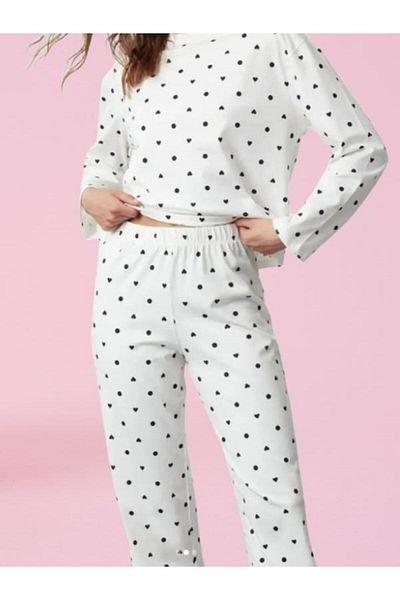 ikontarz Heart Patterned Long Sleeve Women's Pajamas Set
