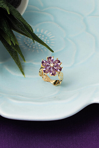 Bilezikci Mor Taşlı Çiçek Altın Yüzük