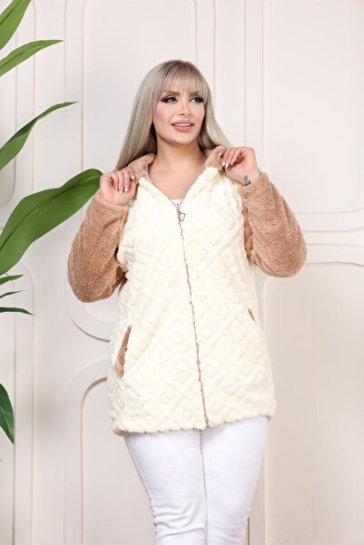 OLİMLEYA BÜYÜK BEDEN ÇİFT RENK PELUŞ KÜRK KAPÜŞONLU HIRKA