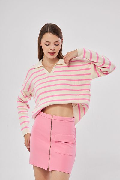 brako tekstil Pulover oversize tricot cu dungi cu gât polo de damă