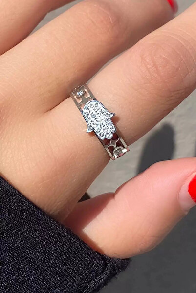 MODA خاتم فولاذي قابل للتعديل مع تفاصيل حجرية على شكل يد