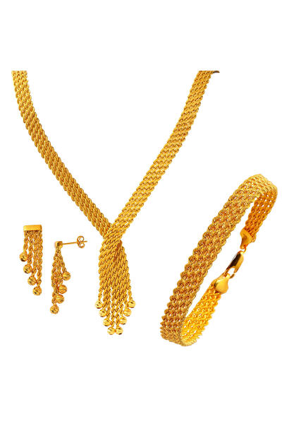 Bilezikci Püsküllü Örgü Zincir Altın Takı Seti