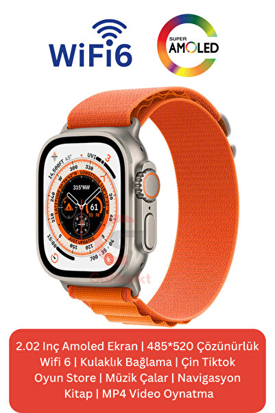 GoMarkt HK10 Ultra 3 Uyumlu Wifi Versiyon 49mm Gümüş Kasa Turuncu Bez Kordon ...