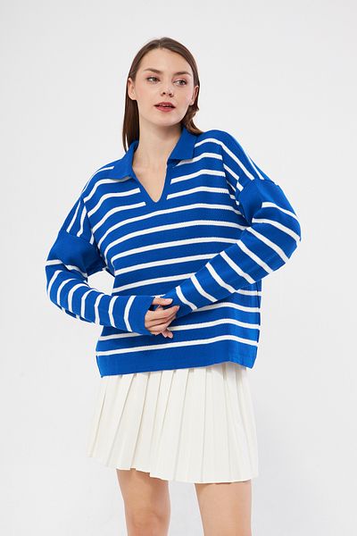 brako tekstil Pulover oversize tricot cu dungi cu gât polo de damă