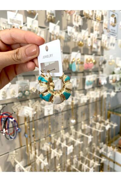 Lilyum Aksesuar Mavi Renkli Mineli Boğumlu Hafif Halka Küpe