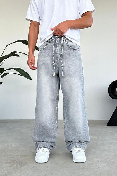 HAFKAGİYİM Gray Basic Extra Loose Baggy Pants with Belt