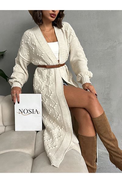 Nosia Standard Size Cherry Patterned Cotton Women's Knitwear Long Cardigan