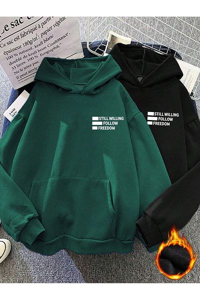 MODARİCH Φούτερ 2'Li Still Willing - Nefti Πράσινη Μαύρη στάμπα Oversize Ασημί κουκούλα