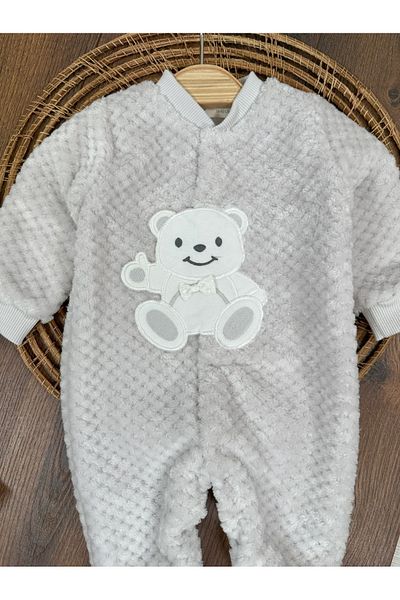bebicix Plush Teddy Bear Embroidered Booties Snap Fastener Winter Baby Boy Jumpsuit