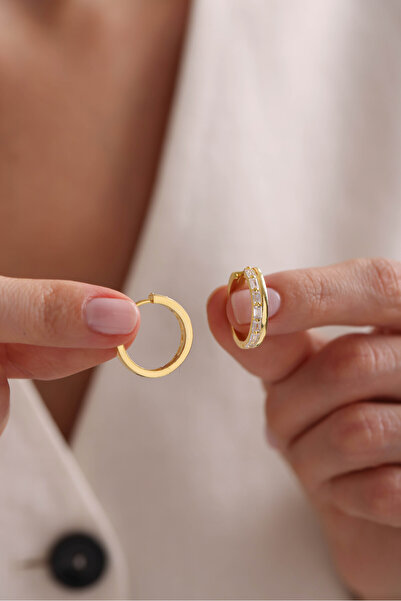 Nereze 925 Ayar Gümüş Gold Kaplama 20 Mm Halka Baget Taşlı Küpe