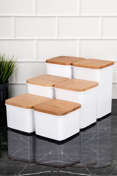 DNS HOME 3 Size 6-Piece Striped Acrylic Square Food Storage Container - Spice Rack Vacuum Lid Labeled