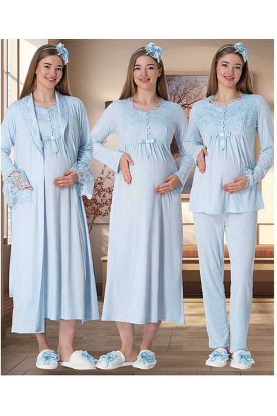 CT MODA Set de pijamale pentru femei, albastru, cu design special, din bumbac, pentru maternitate