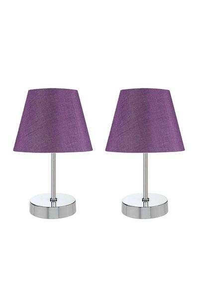 Art&Gift Purple Fabric - Metal Leg Double Lampshade Table Lamp Chrome Set