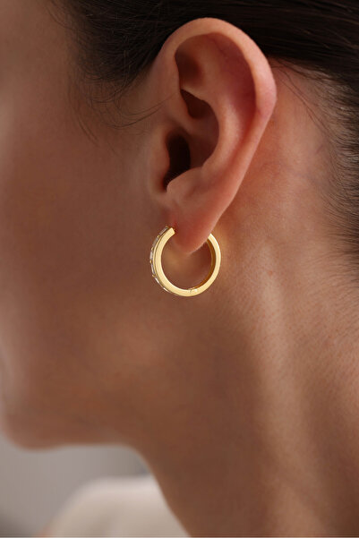 Nereze 925 Ayar Gümüş Gold Kaplama 20 Mm Halka Baget Taşlı Küpe