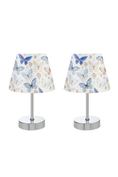 Art&Gift Metal Leg Double Lampshade Table Lamp Chrome Set Blue Butterfly Pvc Headboard