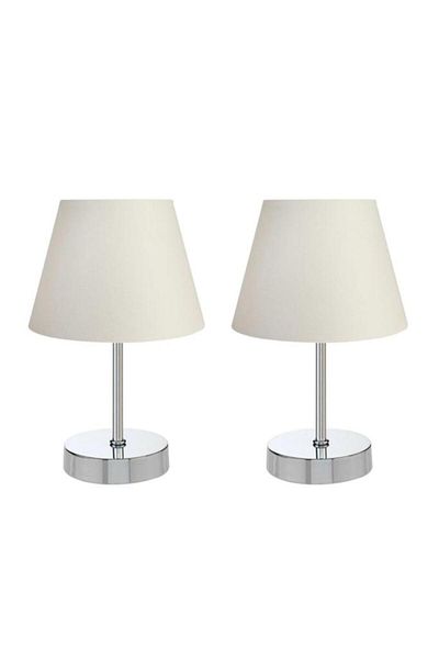 Art&Gift White Fabric - Chrome Lampshade Table Lamp Set with Metal Legs