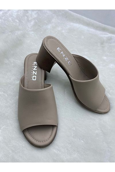 ÇİĞDEM KUNDURA Genuine Leather Beige Crocus Heeled Slippers