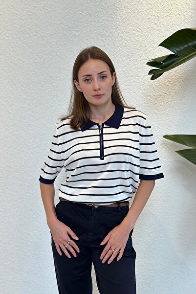 novon Polo Fleto Fermuar Yaka Çizgili Premium Merserize Triko