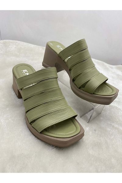 ÇİĞDEM KUNDURA Çiğdem Pastel Green Real Leather Platform Heeled Slippers