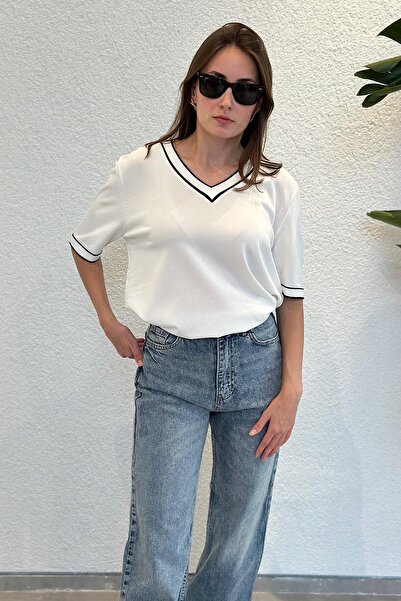 novon Premium Contrast V-Neck Short Sleeve Mercerized Knitwear (34-42 Sizes Range)