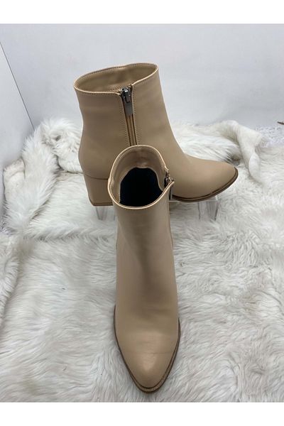 ÇİĞDEM KUNDURA Skin Color Crocus Leather - Γυναικείες μπότες με χοντρό τακούνι με φερμουάρ (B61)