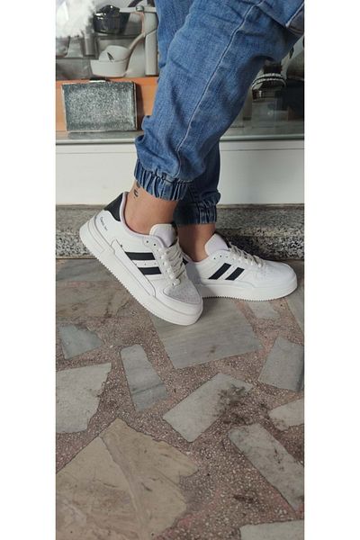 ÇİĞDEM KUNDURA Unisex White and Black Striped Crocus Leather Sports Shoes
