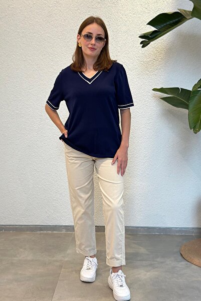 novon Premium Contrast V-Neck Short Sleeve Mercerized Knitwear (Size Range of 34 - 44)