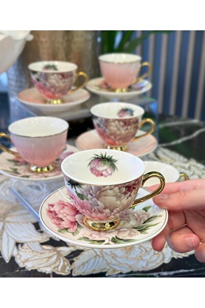 Onedekor مجموعة من 6 فناجين قهوة من البورسلين الوردي