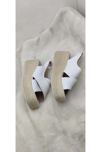 ÇİĞDEM KUNDURA Çiğdem Real Leather White Wedge Heel Sandals with Elastic Back (BLSSN15)