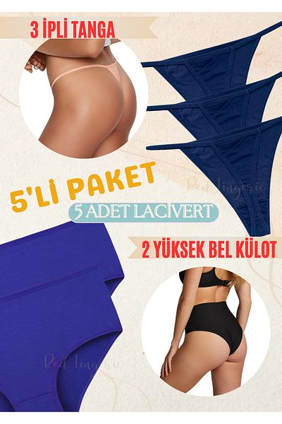 red iç giyim High Waist Suspender Cotton Thong Panties 5 Pack - Lycra, Soft, Stretchy