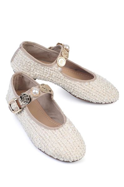 ShoeTek Balerini de damă White Straw Monday - Cataramă și țesut cu perle