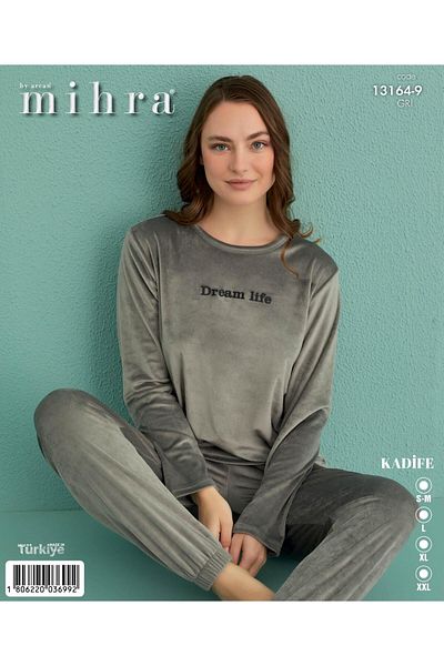 Mihra 13164-9 Gray Dream Life Velvet Pajama Set with Elastic Legs