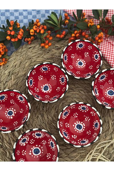 Den Tasarım Hediyelik Red Evil Eye Bead 6 Pieces Bowl Snack Bowl, Turkish Delight Bowl, Sauce Bowl