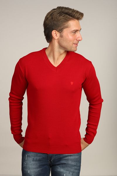 Mavi Soles Men's Red Regular Fit Plain V-Neck Knitwear Sweater