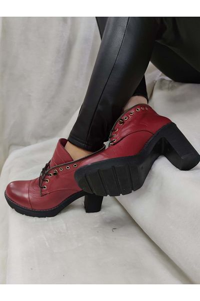 ÇİĞDEM KUNDURA Çiğdem Real Leather Rubber Tied Platform Claret Red Short Women's Boots (B2A)