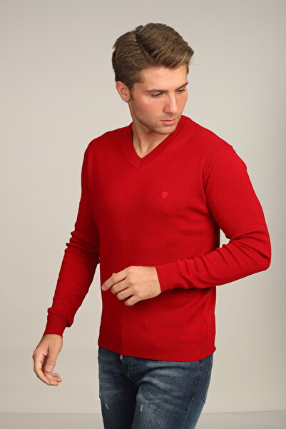 Mavi Soles Erkek Kırmızı Regular Fit Düz V Yaka Triko Kazak