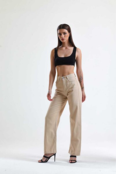 Vovikon Жіночі габардинові брюки з високою талією - широкі штанини, крій «бойфренд»