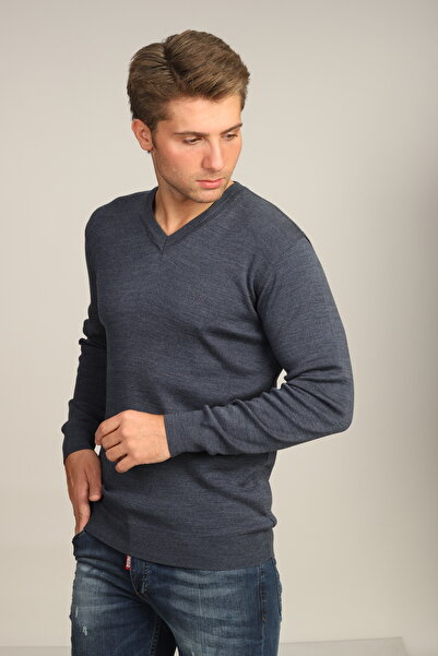 Mavi Soles Erkek Havacı Mavi Regular Fit Düz V Yaka Triko Kazak