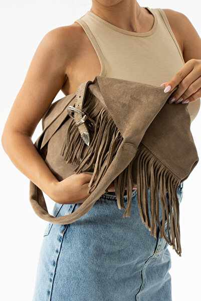 DSN Hakiki Deri Süet Püsküllü Western Özel Tasarım Tokalı Omuz Çanta Vizon