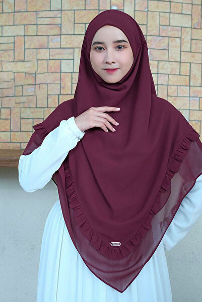 Hasna Tesettür Orta Boy Peçeli Şifon Sufle Premium Khimar Bordo