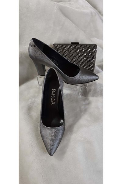 ÇİĞDEM KUNDURA Çiğdem Anthracite Gray Pointed Toe Thick Heel Women's Shoes (BHDR S1)