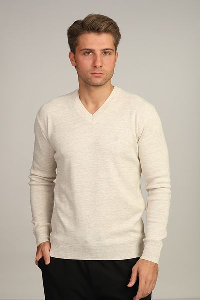 Mavi Soles Men's Ecru Regular Fit Plain V-Neck Knitwear Sweater