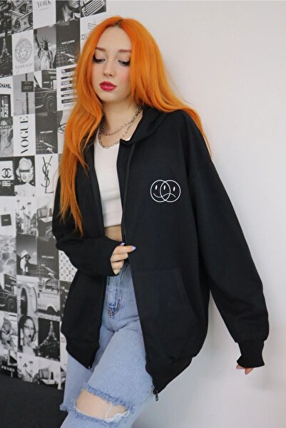 MODARİCH Double Face Logo Cardigan - Black Printed Winter Oversize Hooded Zip...