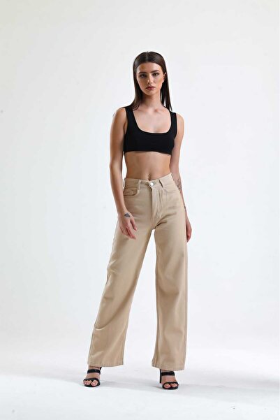 Vovikon Жіночі габардинові брюки з високою талією - широкі штанини, крій «бойфренд»