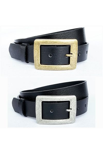Kemerix 100% Genuine Leather Antique and Tin-Plated Black 2-Piece Belt Set with Buckle