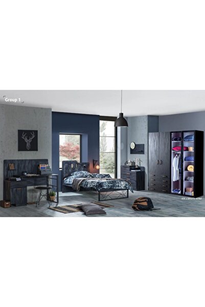 Bubuhome Dark Kapaklı Genç Odası Takımı ( Dolap Çamaşırlık Çalışma Masası Karyola )